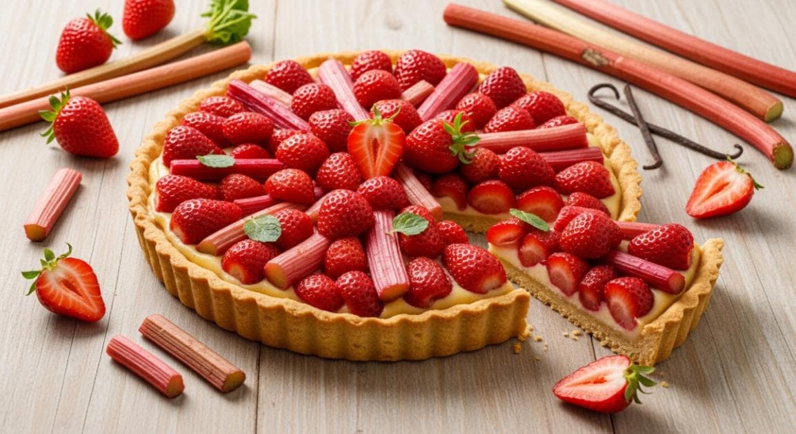 Tarte Rustique Rhubarbe et Fraises, Crème d'Amande Parfumée